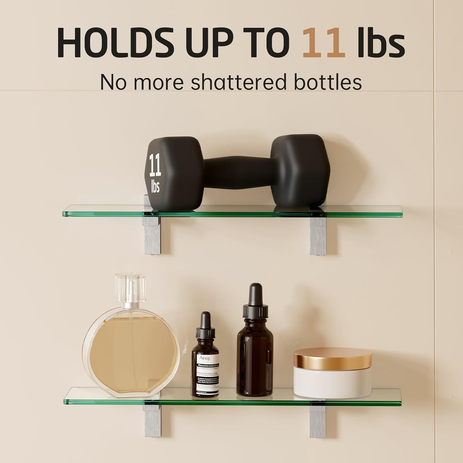 KES Glass Shelf for Bathroom, Floating Tempered Glass Bathroom Wall Shelf Rectangle 16 Inch Brushed Nickel Bracket, 2 Pack, BGS3201S40-2-P2