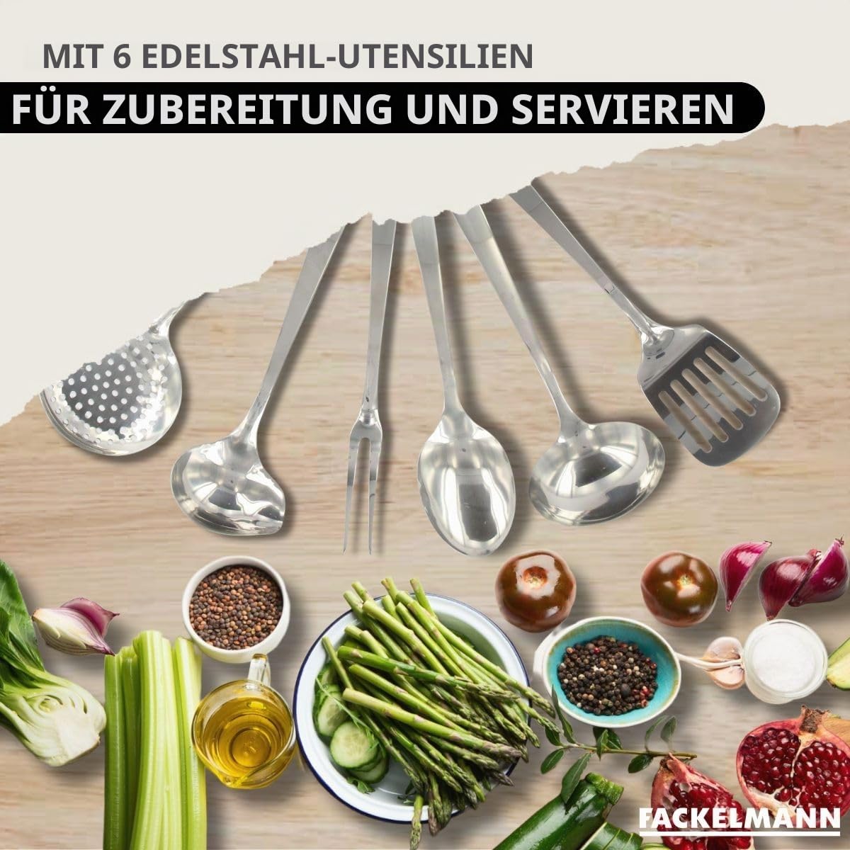 Fackelmann 9440550 Pfannen-Set, 3-teilig, 20, 24 und 28 cm, aus Edelstahl 18/8, 3 Glasdeckel und 6 Küchenutensilien, Pfanne für alle Herdarten, Induktion, Pfanne ohne PFAS, genieteter Griff, Edelstahl