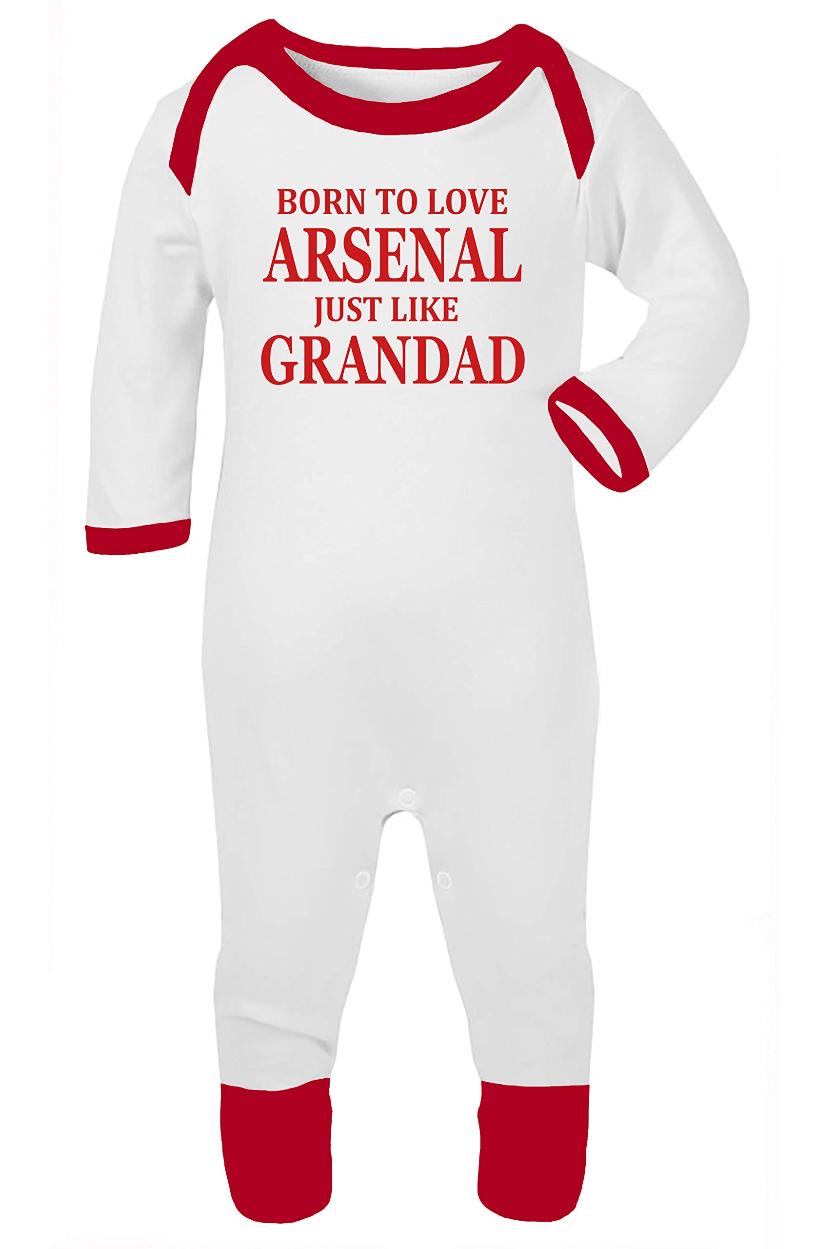 'Born to Love Arsenal Just Like Grandad' Baby Boy Girl Sleepsuit 100% Fine Combed Cotton (3-6 Months, White/Red Trim) - Image 2