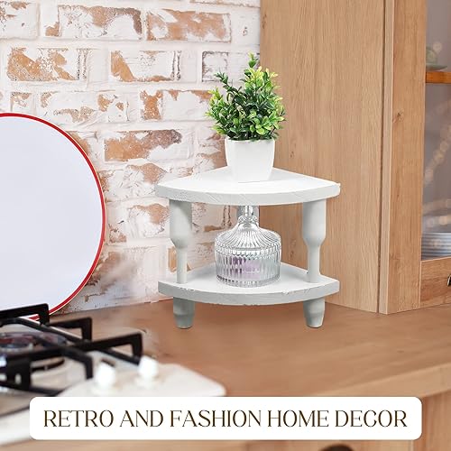 Miniatura 5 de Sintuff Paquete de 2 estantes esquineros de madera para mostrador de baño, decoración de estantes apilables, bandeja elevadora de sector blanco,
