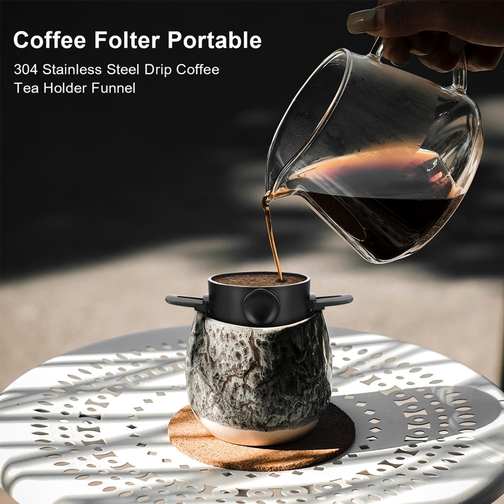 Pour Over Kaffeemaschine, wiederverwendbarer Edelstahl-Kegel-Tropfer mit Filter und Reinigungsbürste für Zuhause, Büro und Reisen – 1–2 Tassen Kapazität