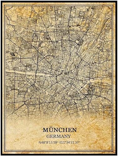 TANOKCRS München - Póster de mapa vintage de Alemania, arte de pared, diseño de mapa de carretera de la ciudad, regalo de recuerdo de viaje,