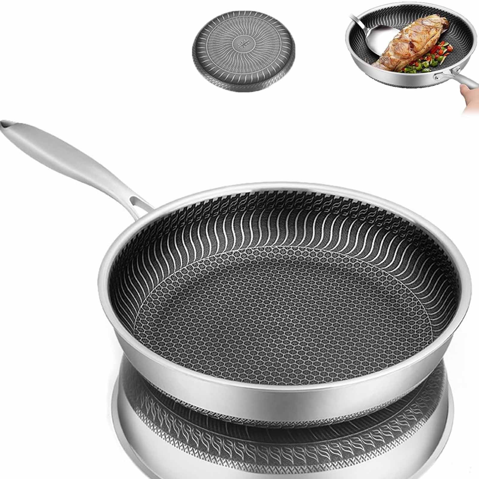 Hybrid Bratpfanne, Antihaft-Edelstahl mit Deckel, kratzfestes Design, gleichmäßige Wärmeverteilung für das tägliche Kochen, 26 cm Größe