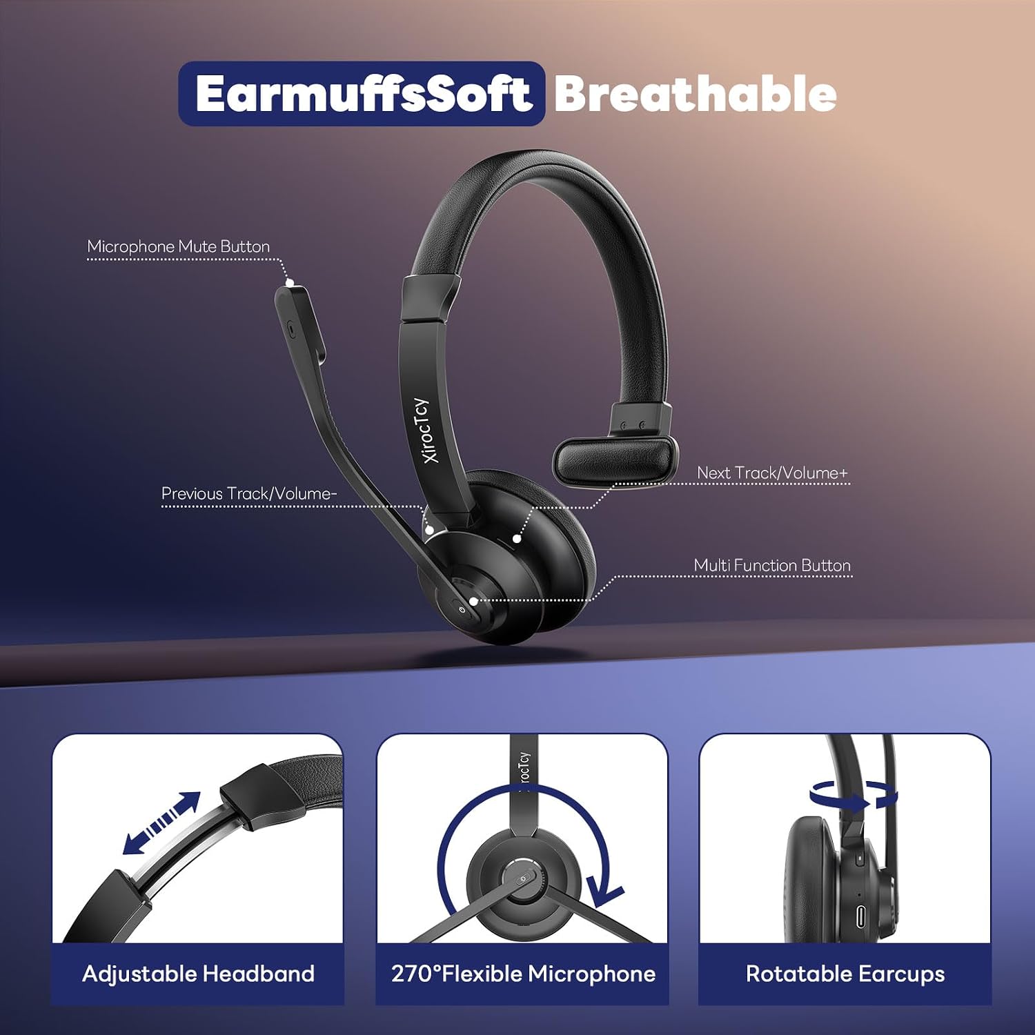 Wireless Headset with Mic for Work, Bluetooth Headset, Mic Clear Calls, Wireless Headphones with AI Noise Cancelling Microphone (Bluetooth 5.3 & Mic Mute), USB Dongle, for PC/Zoom/Office