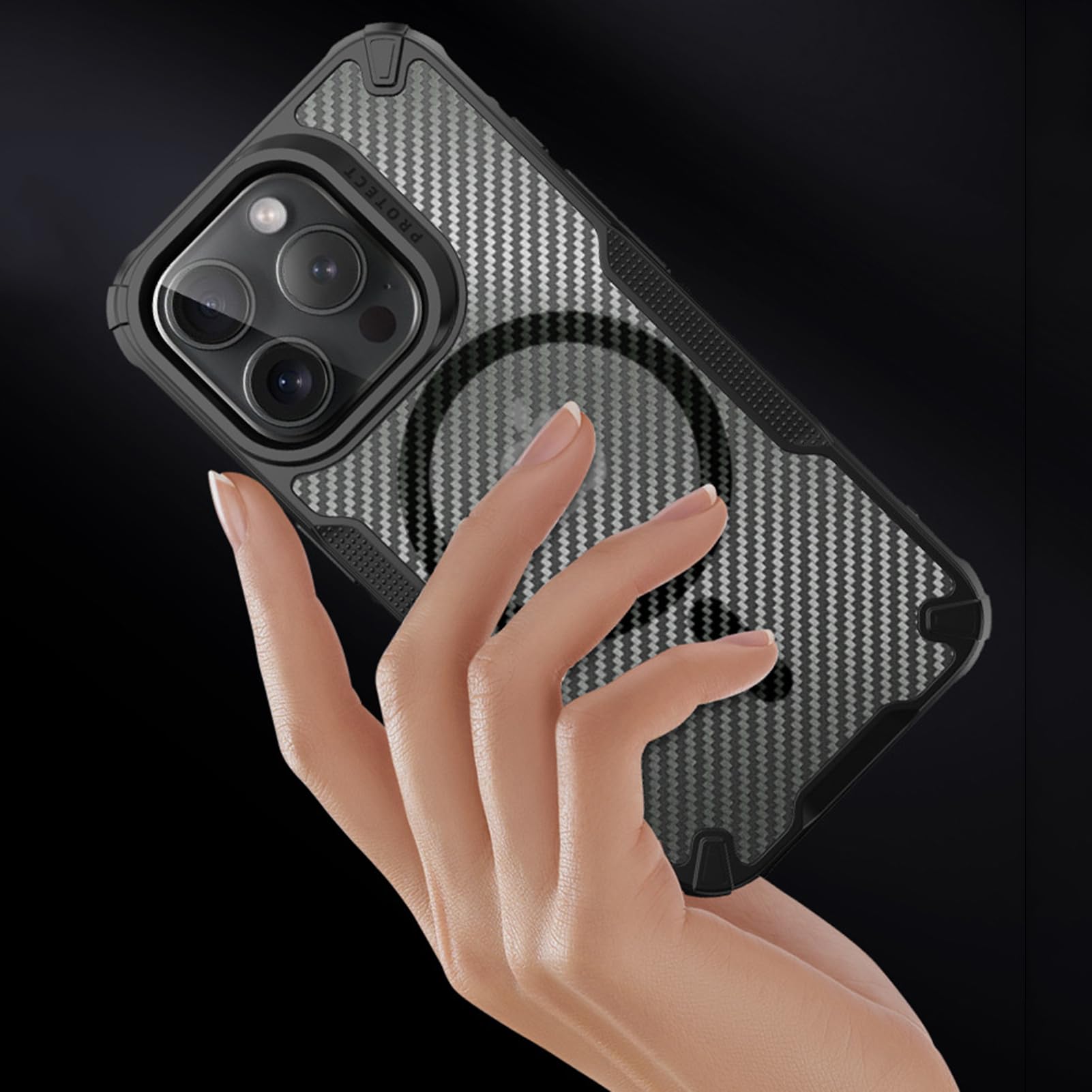 HAZARA Etui na iPhone 15 Pro Max/15 Plus/15 Pro/15, wojskowy pokrowiec ochronny z włókna węglowego tekstura półprzezroczyste tylne logo widoczne etui, 15ProMax