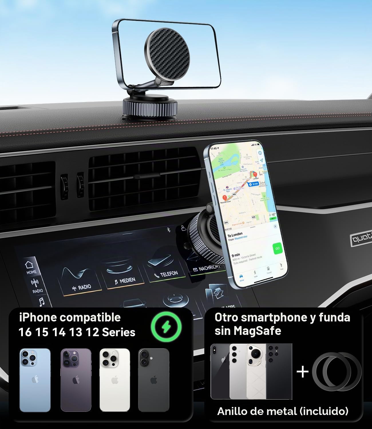 15W Cargador para MagSafe Coche, Inalámbrico Carga Rápida Soporte Móvil con Ventosa Elástica Mejorada [360° Ajustable] para iPhone 16 Pro MAX 15 14 13 12 Plus, Salpicadero & Parabrisas