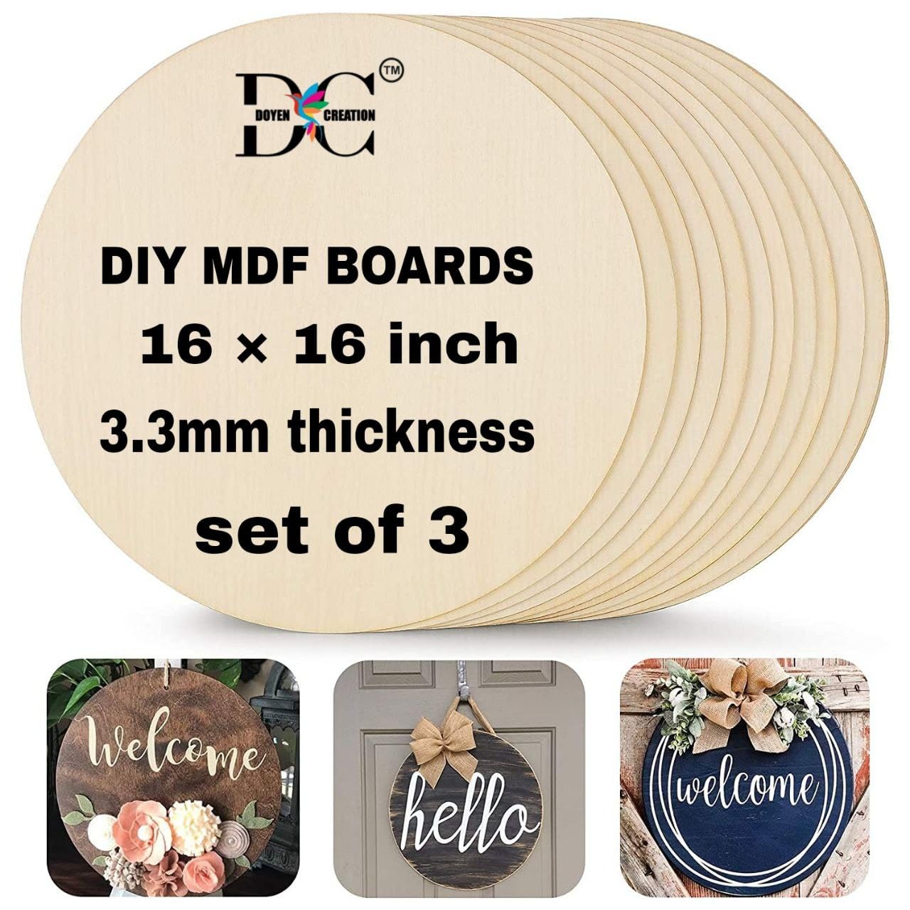 Devashri creation MDF Board Cutouts - 16 Inch 4mm Thick Circle Boards Set Of 3 +3 HOOK | MDF Board for Lippan Art, Resin, Mandala, Painting & Art and Craft | Premium Round Pine Wood Slices for Artists and Students (16 inch)
