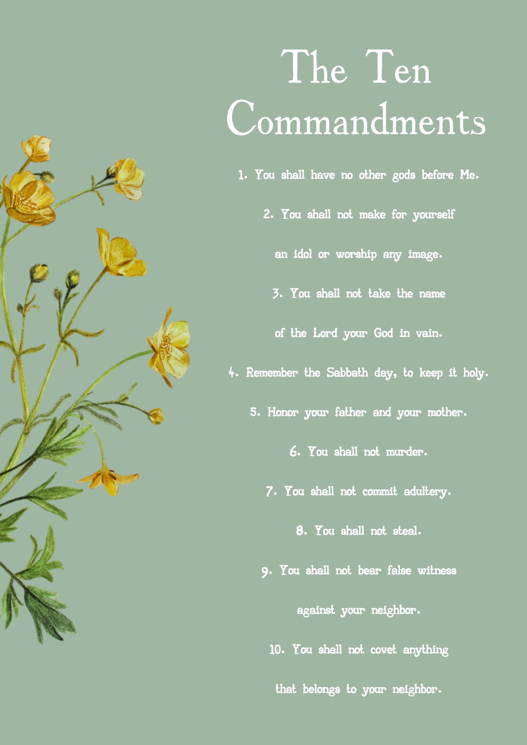The Ten Commandments Wall Art Print, Religious Scripture Decor with Floral Design, Sage Green. Size A4