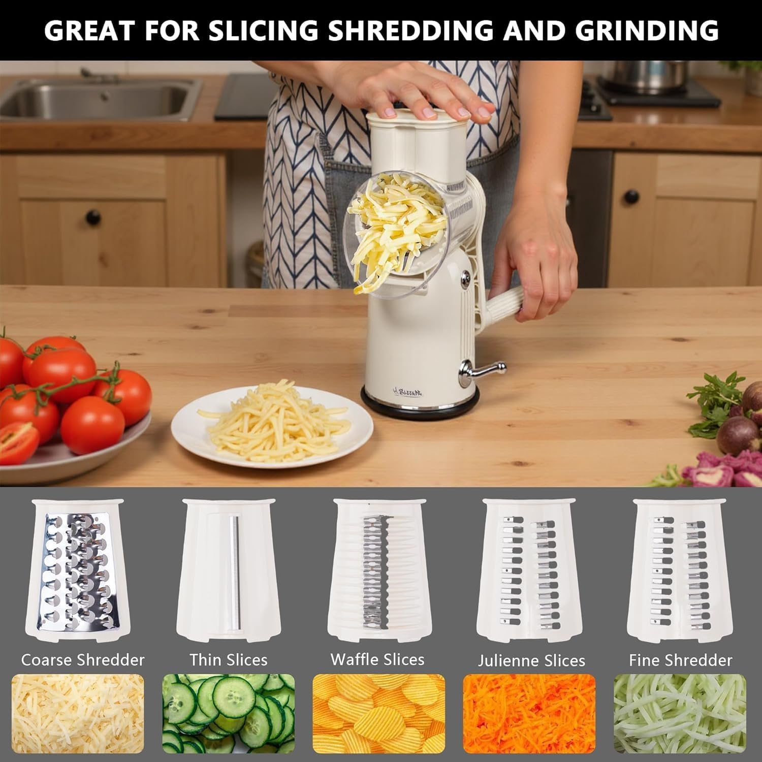 5-in-1 Rotary Cheese Grater Vegetable Slicer with Handle - Upgraded Hand Crank Cheese Grater with Handle and Strong Suction Base, Multi-Purpose Slicer with 5 Blades (White)