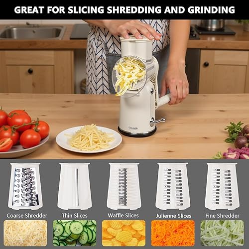 Miniatura 5 de Rallador de queso giratorio 5 en 1, rebanador de verduras con asa, rallador de queso de manivela mejorado con mango y base de succión fuerte,