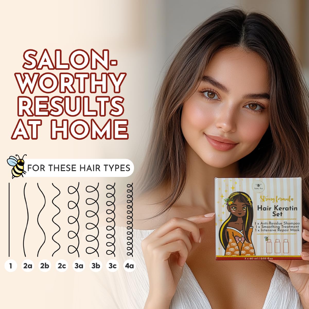 Brazilian Keratin Treatment Kit – Jumy Bee 3 Steps 2.03 fl oz | Formaldehyde-Free At Home Hair Straightening & Smoothing System |Keratina para Alisar el Pelo | Anti-Frizz Repair Mask & Shampoo - Image 5