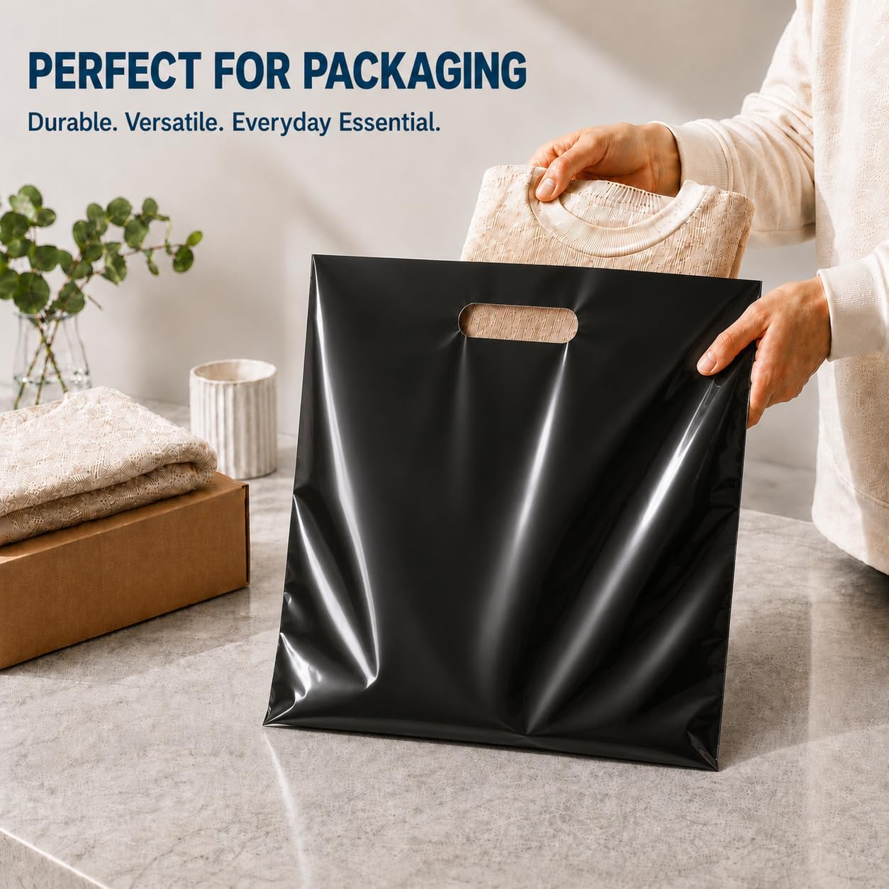 Purple Q Crafts 50 Pack Black Plastic Merchandise Bags with Die Cut Handles, 18" x 18" Retail Bags