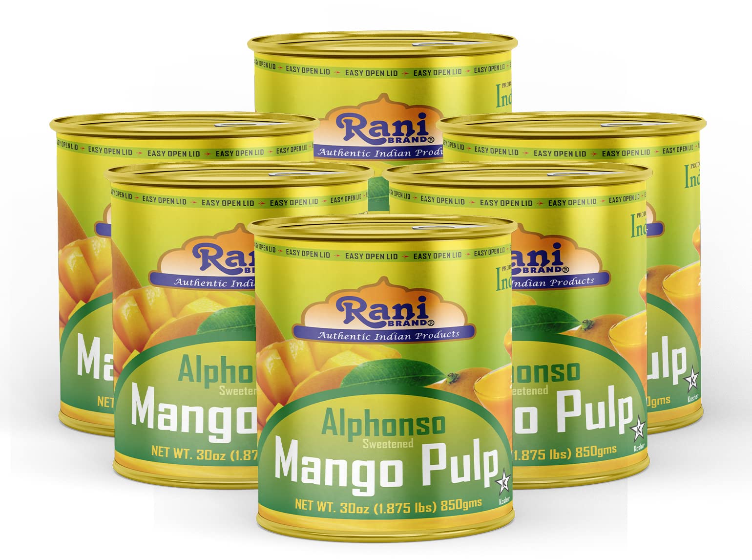 Rani Mango Pulp Puree (Makes Mango Lassi Shakes) Alphonso Sweetened 30oz (1.875lbs) 850g Pack of 6 ~ Kosher | All Natural | Non-GMO | Vegan | No Colors | Gluten Friendly | Indian Origin