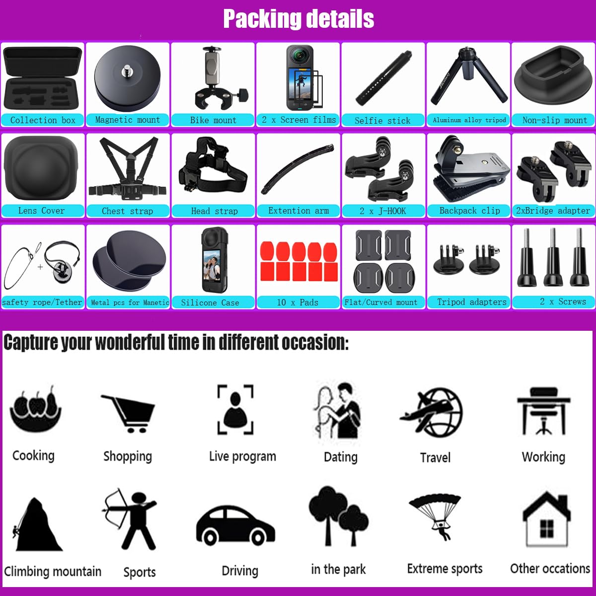 Accessory for Insta360 X5 Bundle Include: Magnetic Mount Carrying Case Silicone Case Bike Motorbike Mounts and Adhesive Pads for Insta 360 X5 Camera 62I