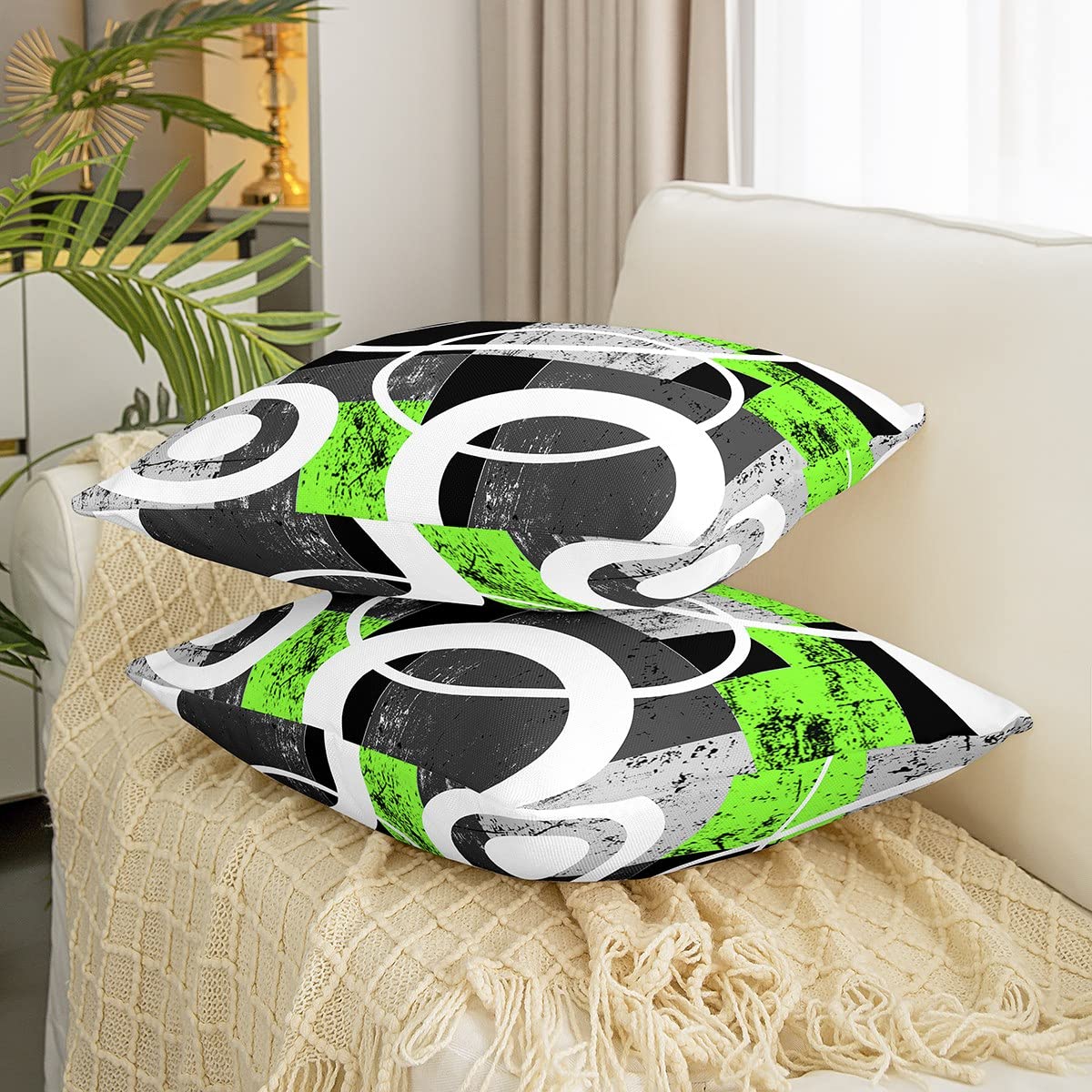 Juego de 4 fundas de almohada geométricas modernas de arte abstracto para decoración del hogar, sala de estar, reversible, verde, gris, negro, geométrico, 20 x 20 pulgadas