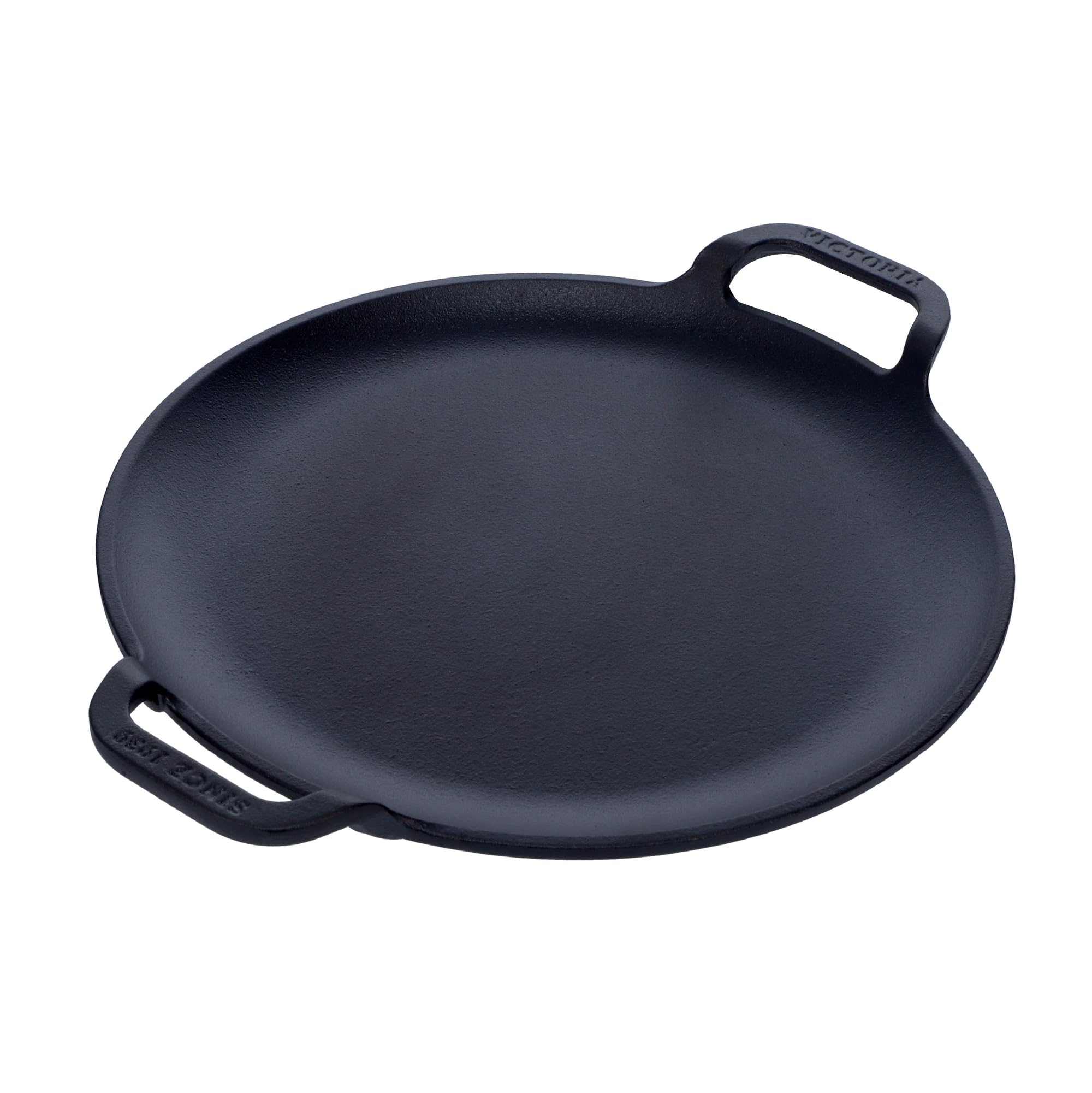 Victoria 10-Inch Cast Iron Comal Pizza Pan with 2 Side Handles, Preseasoned with Flaxseed Oil, Made in Colombia, Black