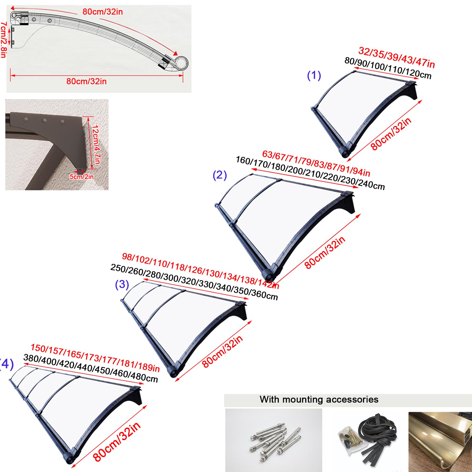 Przezroczysty baldachim dachowy z poliwęglanu z antykorozyjną aluminiową ramą, zakrzywiony pokrowiec na taras, werandę, 80 x 80 cm szerokości, opcjonalnie