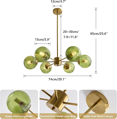 Miniatura 2 de KCO Lámpara colgante de techo de cristal verde de 6 luces con forma de globo moderno semiempotrado, lámpara de techo vintage de latón dorado Sputnik