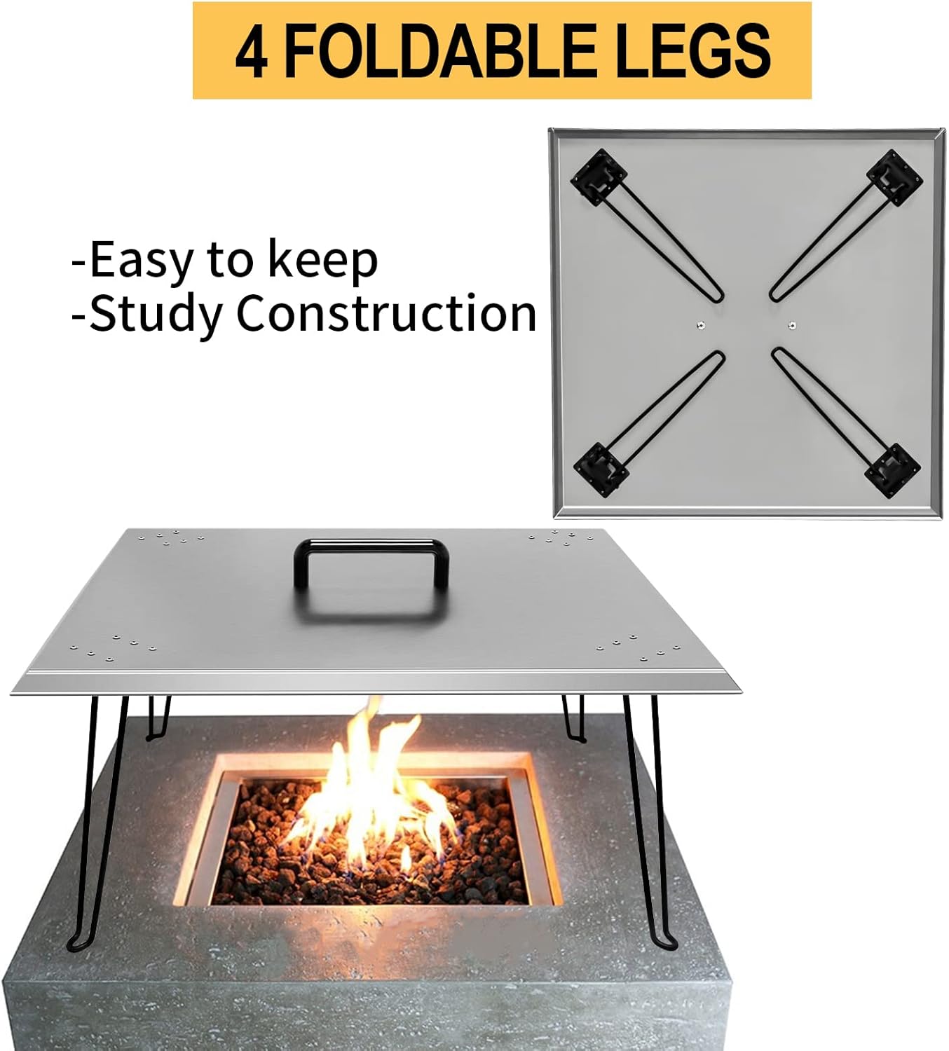 30''x30''x13'' Inch Stainless Steel Fire Pit Heat Deflector, Fire Pit Cover 1.5mm Thick w/Foldable Legs and Carrying Handle, Square Fire Pit Burner Cover to Push Heat Down and Out