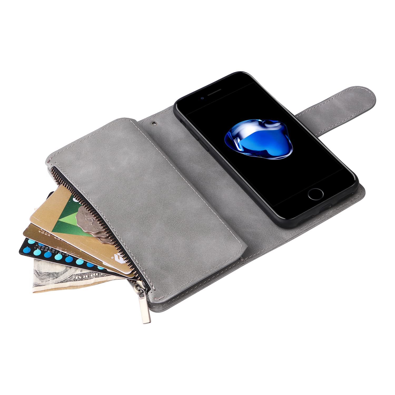 UEEBAI Wallet Case For IPhone SE 2022 5G/iPhone 7/iPhone 8/iPhone SE 2020, Glitter PU Leather Magnetic Zipper Case Kickstand Card Slots Wrist Strap TPU Flip Cover For IPhone SE3/SE2 - Bling Purple - View #5