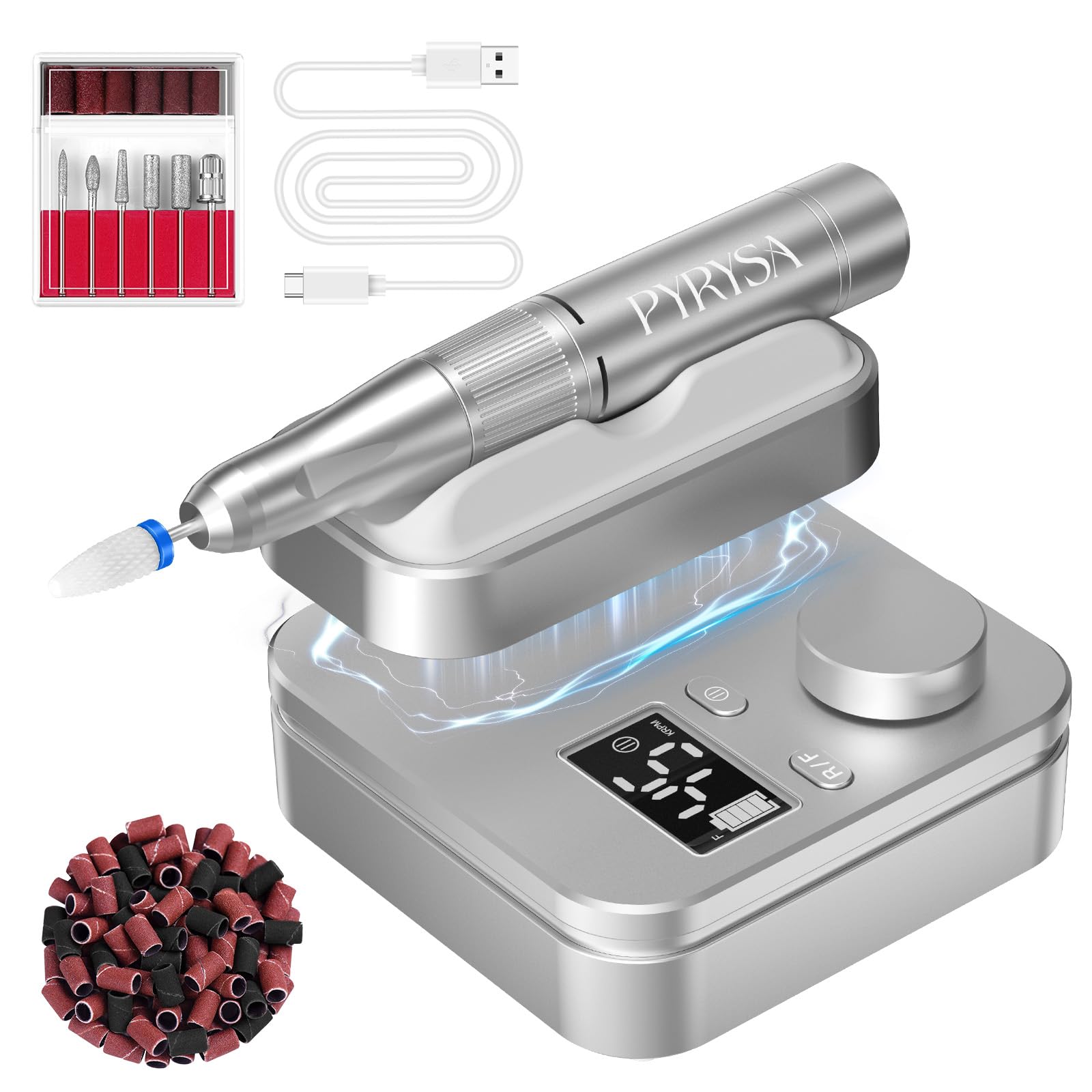 Torno para Uñas Profesional 45000 RPM, Torno Uñas Portátil y Recargable de Potencia Fuerte y Silenciosa con Baja Vibración (Plata elegante)