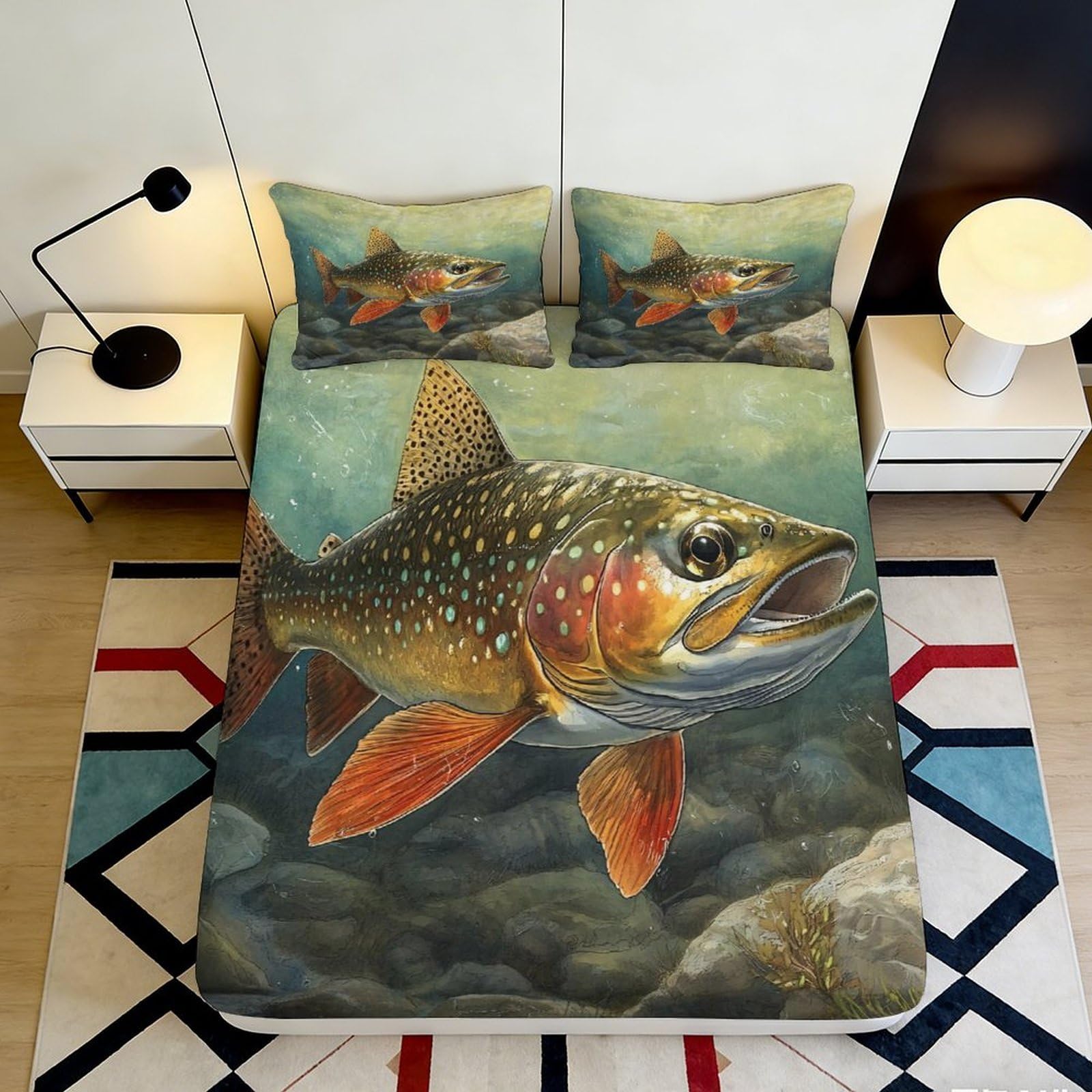 3D Printed Trout Fish Fitted Sheet Microfiber Soft Breathable River Underwater Mattress Cover for Bedroom Dorm Decor Protection 90x200x25cm