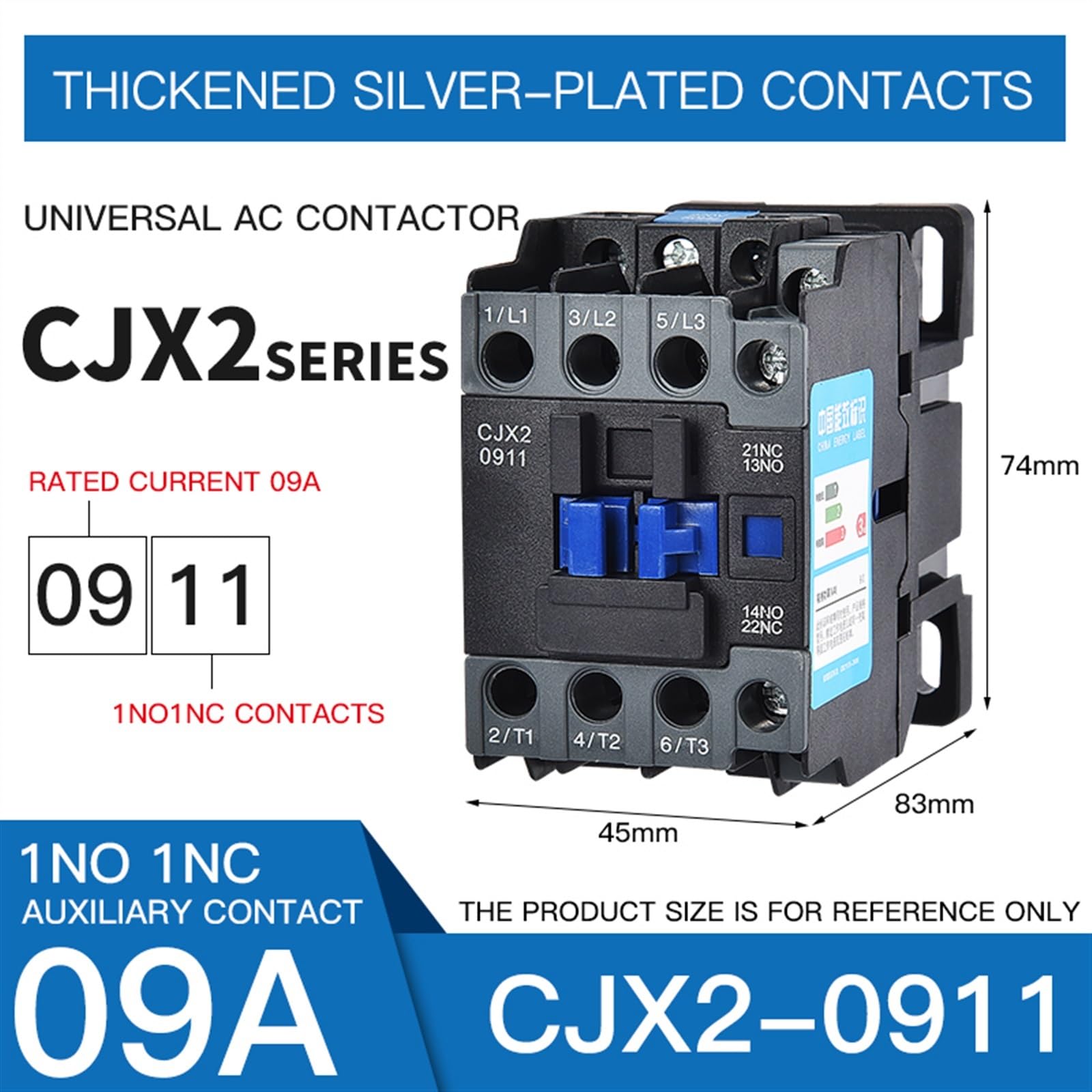 Contactor de CA 220v trifásico monofásico 1NO1NC contactos CJX2 contactores 3P voltaje de bobina 380vac montaje en carril Din(CJX2-0911 09A,380V)