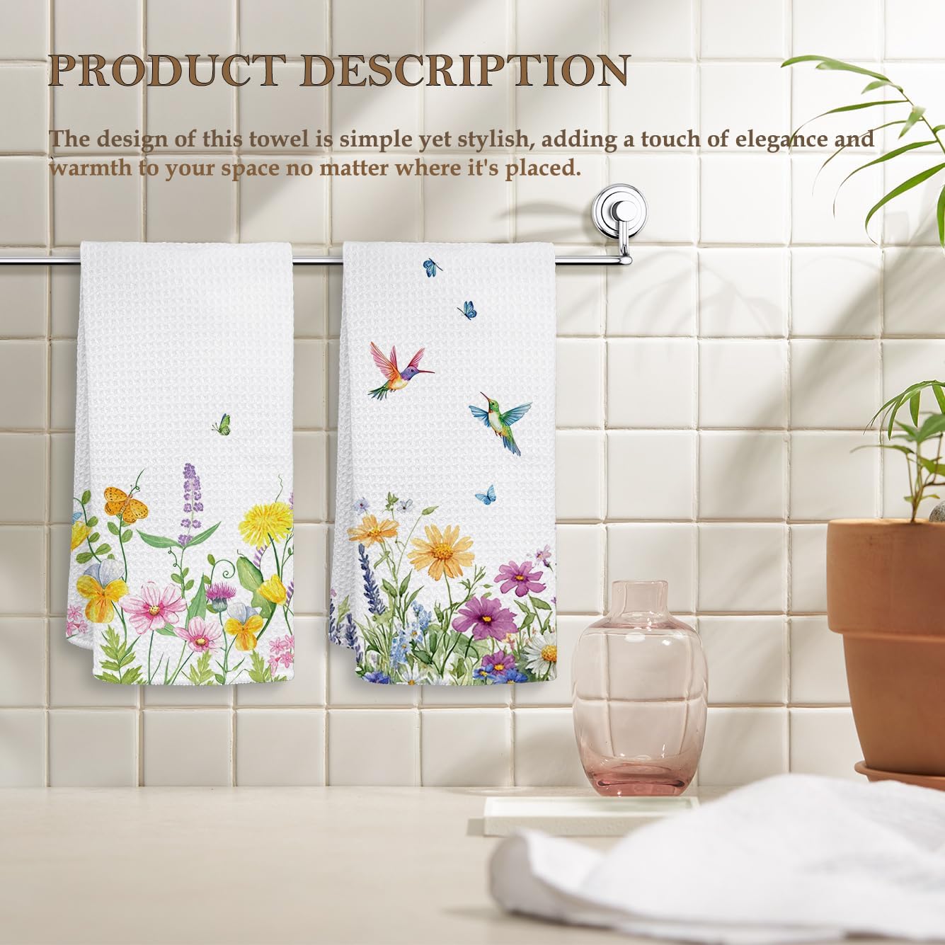 HIWX Spring Floral Decor Kitchen Towels Set of 2, Hummingbird Kitchen Towels, Seasonal Spring Summer Decoration Tea Towels Kitchen Hand Towels 16x24 Inch for Farmhouse Kitchen Bathroom Decor - Image 2