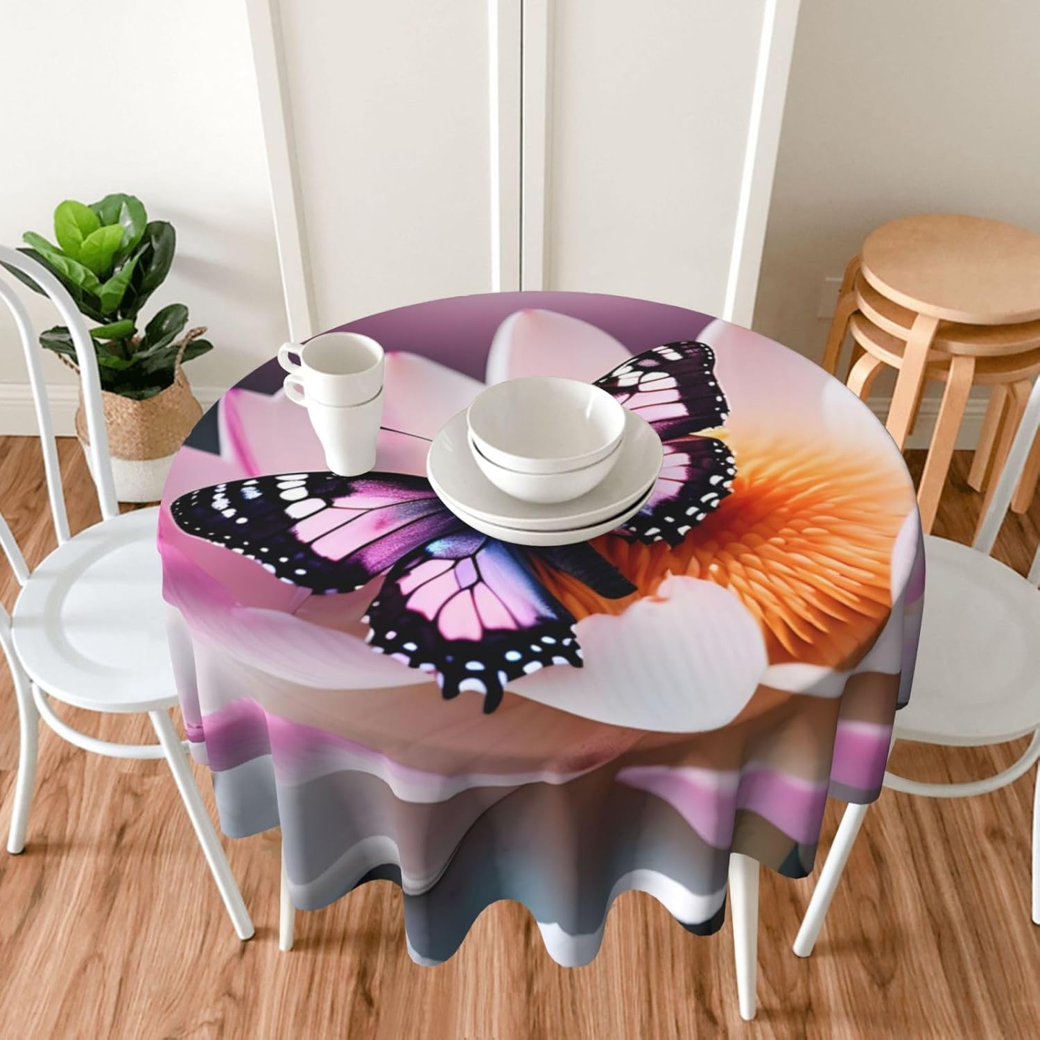 Pink Butterfly Print Wrinkle Free Dining Table Cover for Birthday Party Farmhouse Tablecloths Up to 60 x 60 Inches