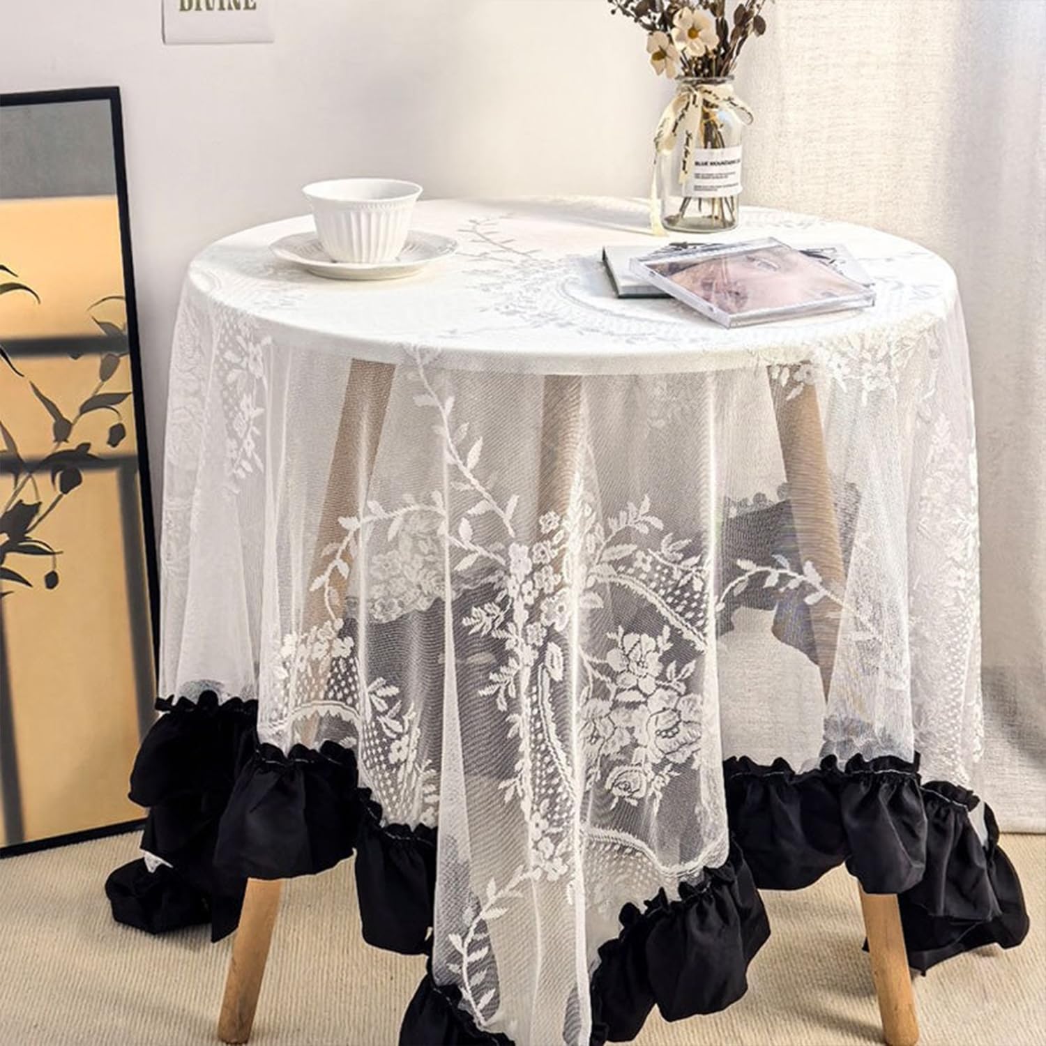 FOELANNE Embroidered Lace Tablecloth, White And Black Lace Square Tablecloth With Pom-Pom Fringe Multiple Sizes(White and Black Ruffle Edge,90x90cm)