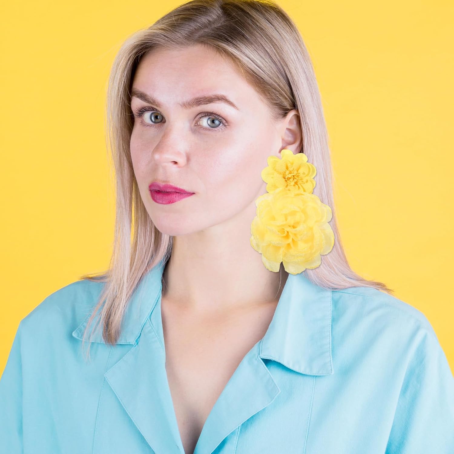 Yellow Flower Earrings for Women, Large Fluffy Drop Statement Bohemian Big Flower Earring Charm for Party Prom Ear Jewelry Gifts Accessories - Image 7