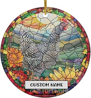 Personalized Plymouth Rock Chicken Hen Ceramic Circle Ornament - Custom Name with Stained Glass Style Artwork - Christmas Tree Decoration Gifts for Chicken Lovers