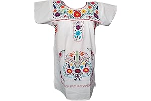 XL White Mexican Embroidered Pueblo Dress from Puebla