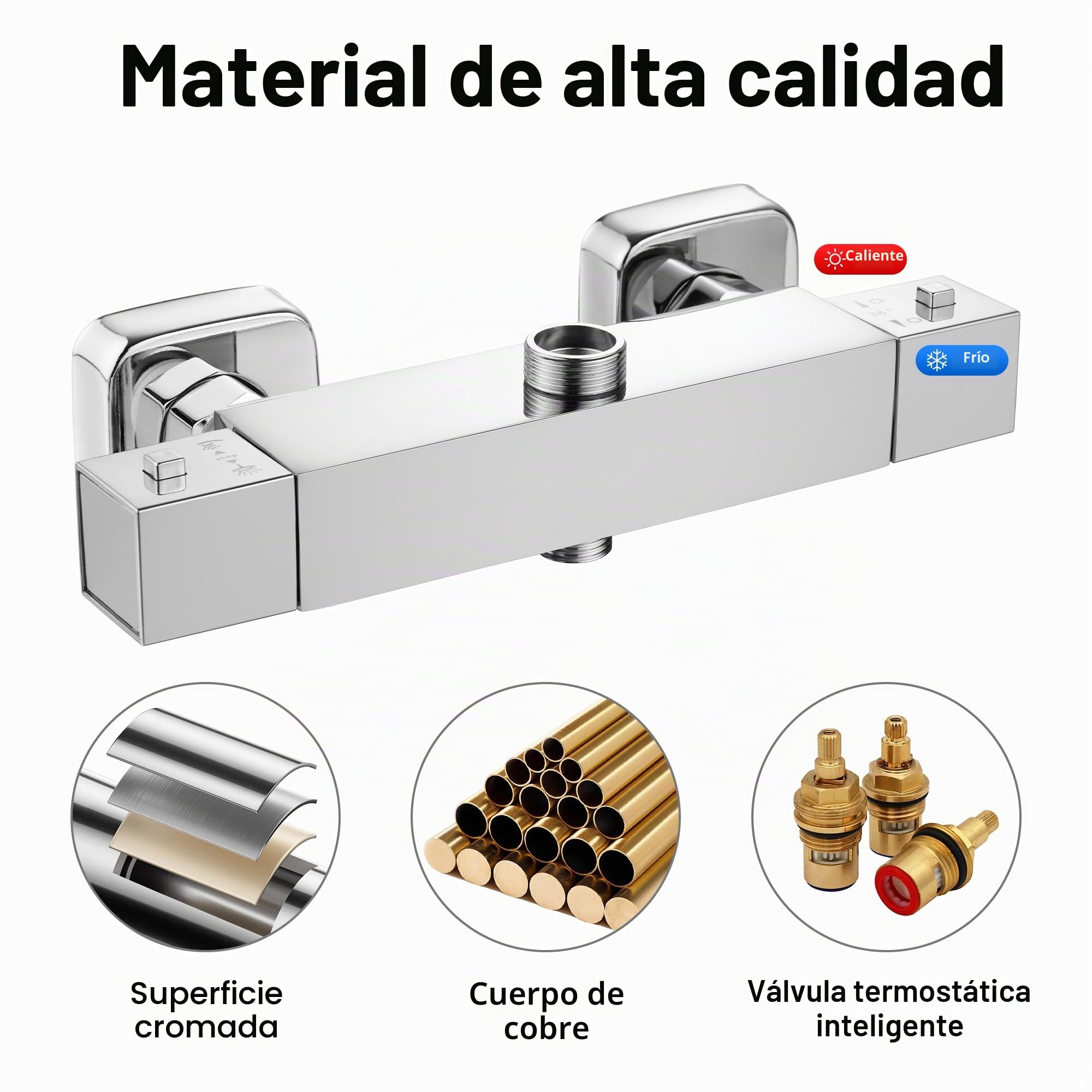 Grifo Termostático Ducha STANEW,Universal, 2 Salidas, Grifo de Ducha, Mezclador Termostático Para Ducha, Latón, Cromado Moderno, Alto 3/4" BSP (26,4 mm) + Bajo 1/2" BSP (21 mm)
