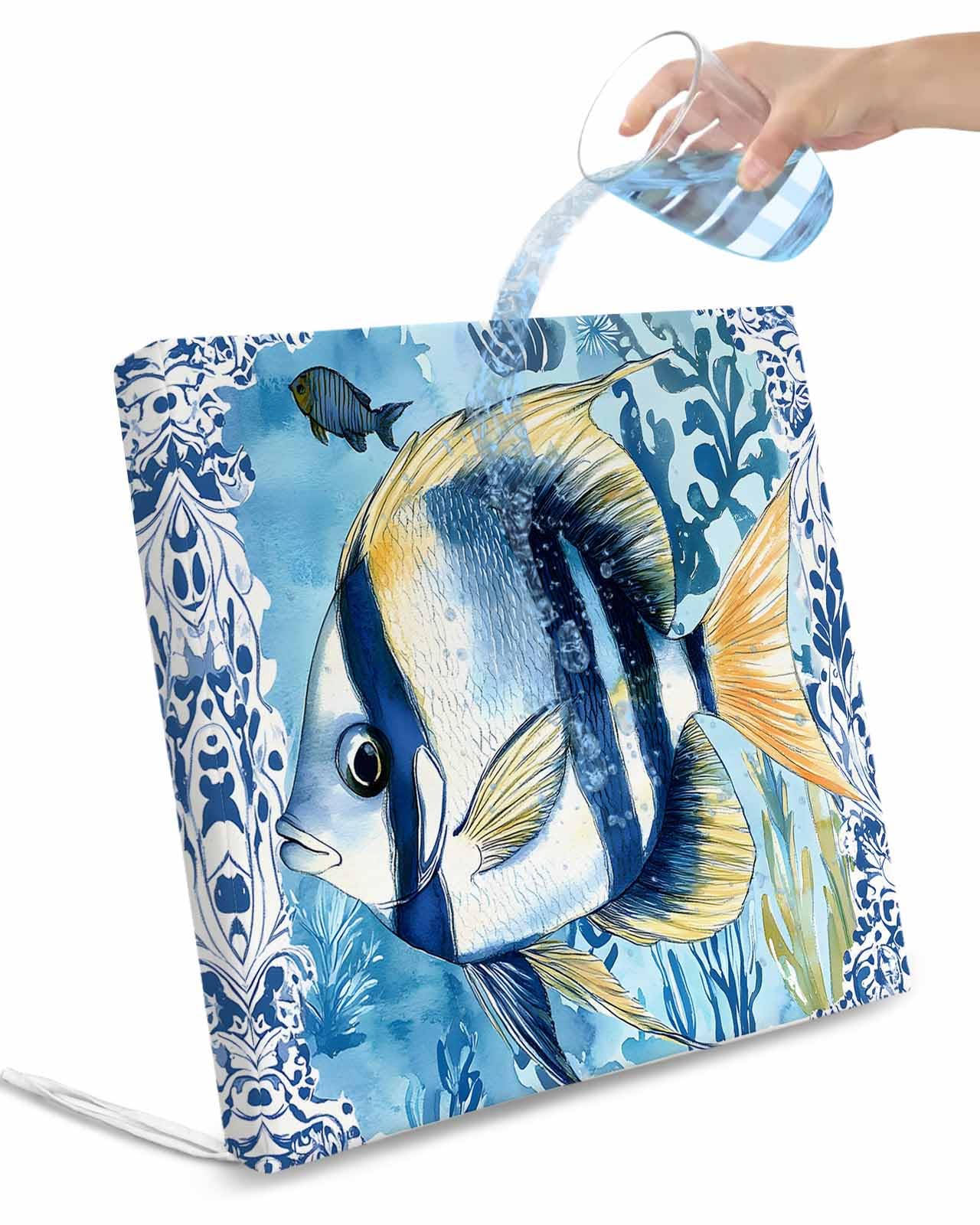 2 Pack Summer Ocean Fish Waterproof Cushion Covers with Ties, Outdoor Patio Chaise Lounge Chair Seat Cushion Slip Covers Replacement(Only Cover) Coastal Watercolor Stripe Seaweed Plant 24