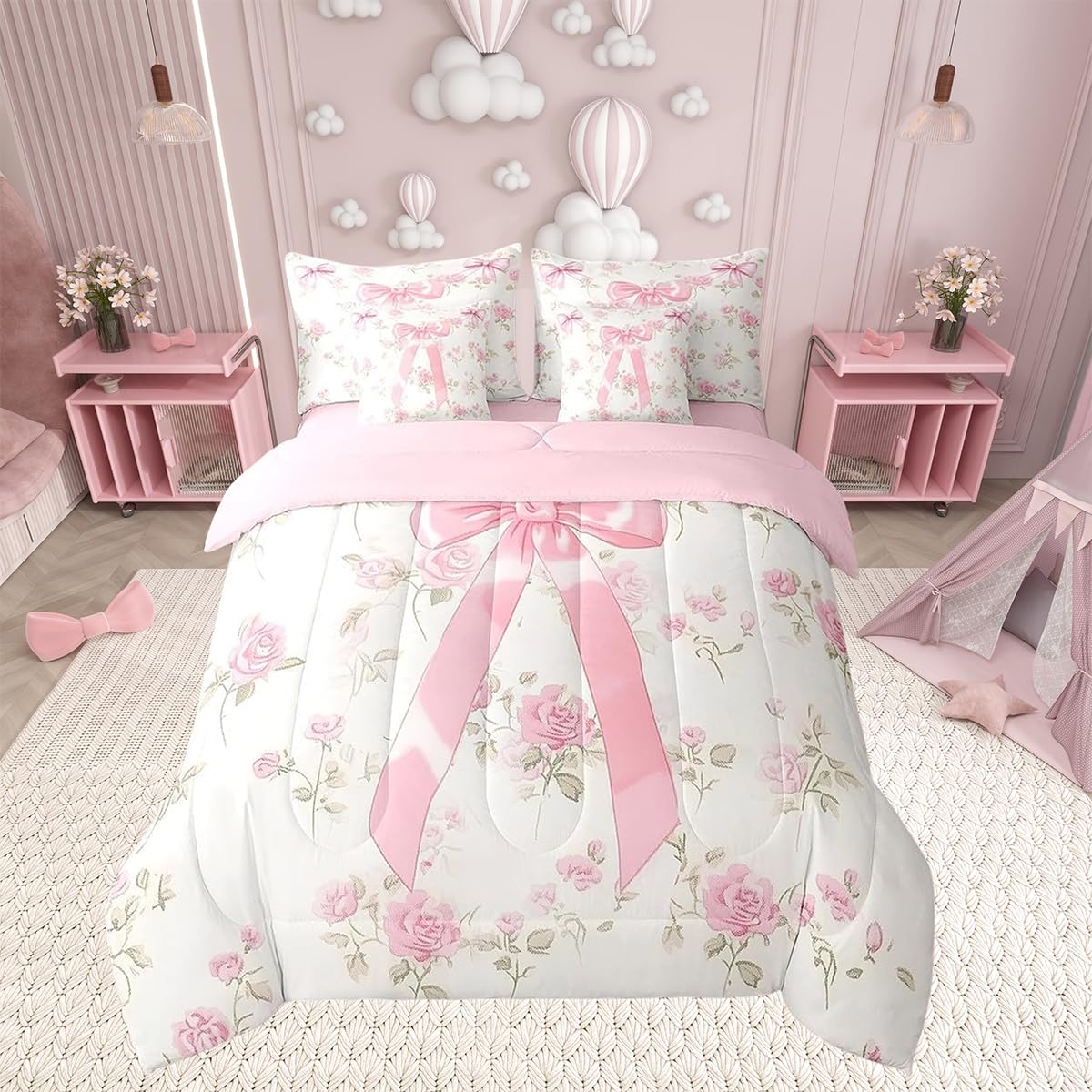 7 Pieces Pink Bowknot Comforter Set Queen Size, Watercolor Rose Flower Bedding Set for Kids Girls Room Decor, Pink Bow Floral Bed in a Bag with