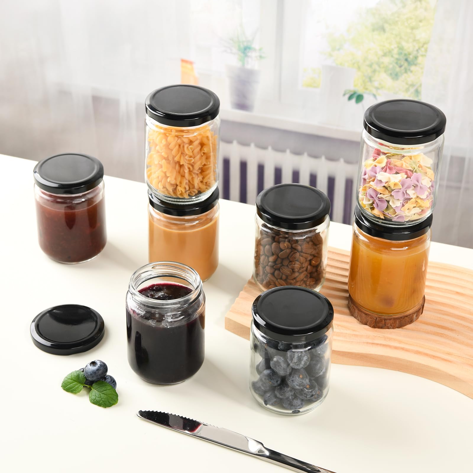 YBCPACK Marmeladengläser mit schwarzem Deckel, klare Chutney-Gläser, 240 ml, kleine Einmachgläser für Gelee, Honig, Gurken, 240 ml, 24 Stück