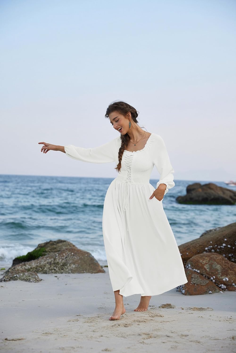 Scarlet Darkness Renaissance Dress Women Long Sleeve Cottagecore Smoked Dress with Pockets