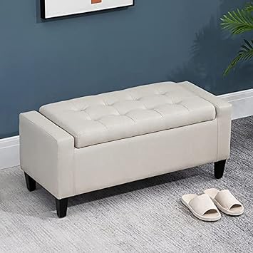 Rectangular Storage Stool Cotton Linen Padded Shoe Stool Solid Wood Bedside Stool Living Room Storage Stool,Grey,80X40X45Cm,Beige,60x40x45cm24x16x18inc