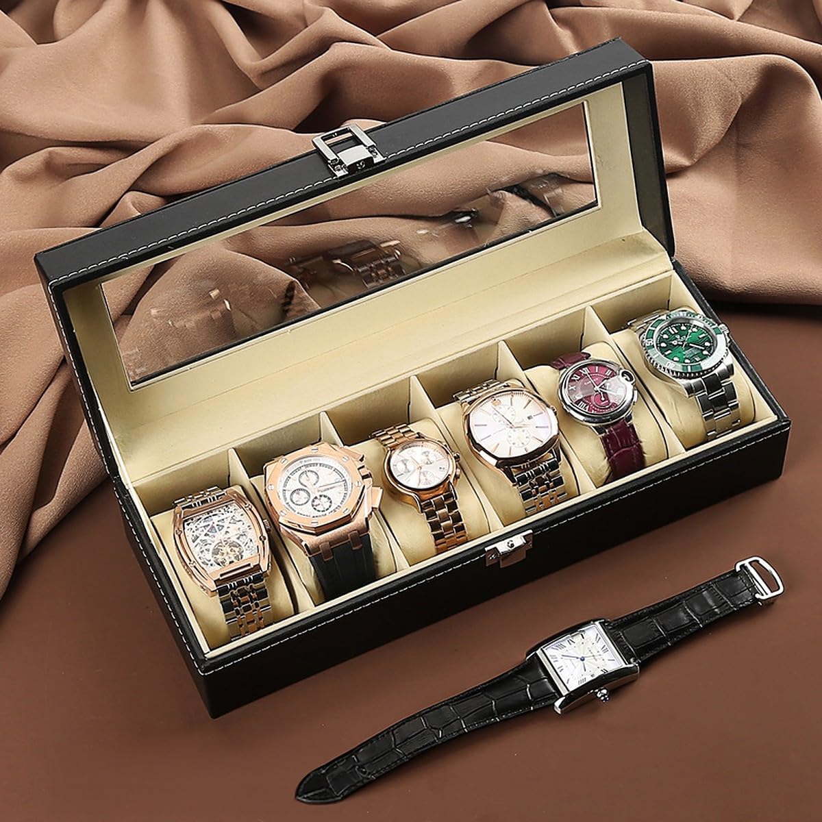 BIRDLINE 6 Slot Watch Box, Watch Holder with Glass Lid, Watch Organizer Case With Removable Watch Pillow, Velvet Lining, Metal Clasp, Watch Jewelry Storage Box Display Case. (6 SLOT) (B0C7CYDCC1) Amazon Price History, Amazon Price Tracker