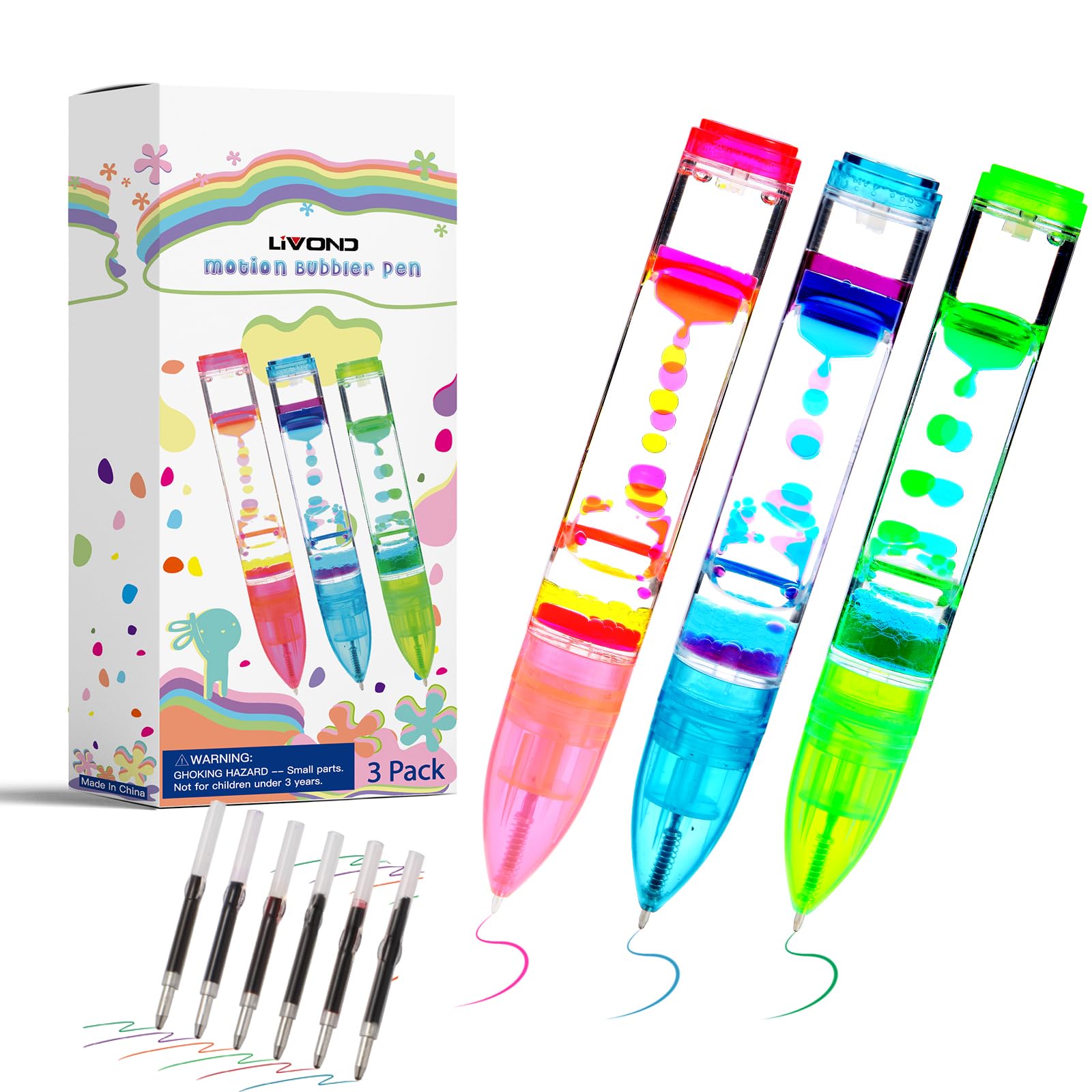 3 Pack Liquid Pen - Retractable Ballpoint Cool Pen with Colorful Liquid Bubbles - Relaxing Calming Sensory Toy for Kids & Adults- Novelty Gift for valentine, back to school, Christmas