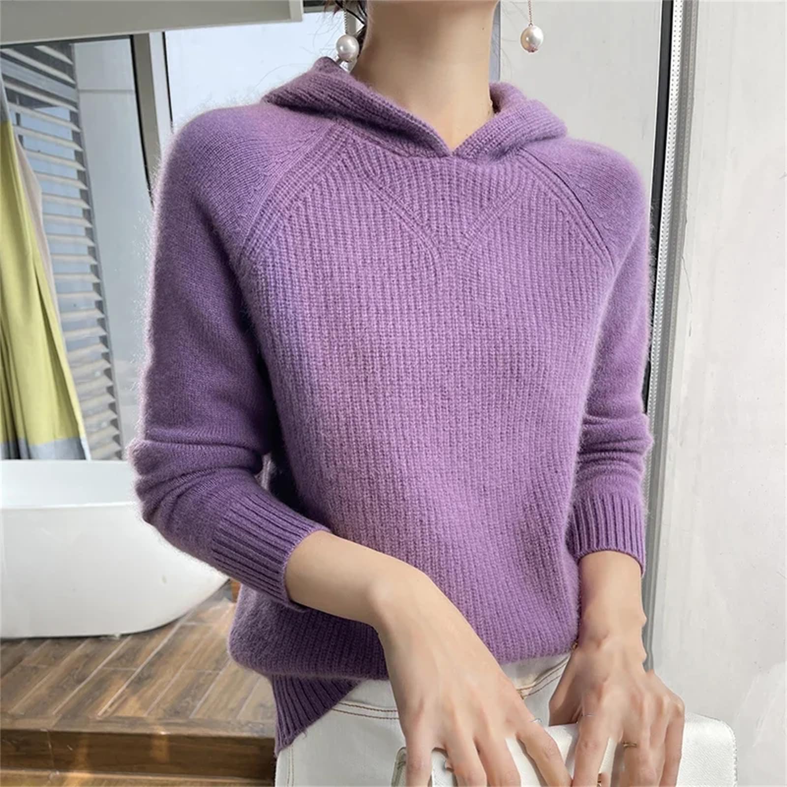 Yeuyyben Maglione da donna in cashmere con cappuccio allentato casual da donna maglioni invernali con cappuccio a maniche lunghe, Riso Crudo Fleece, XS