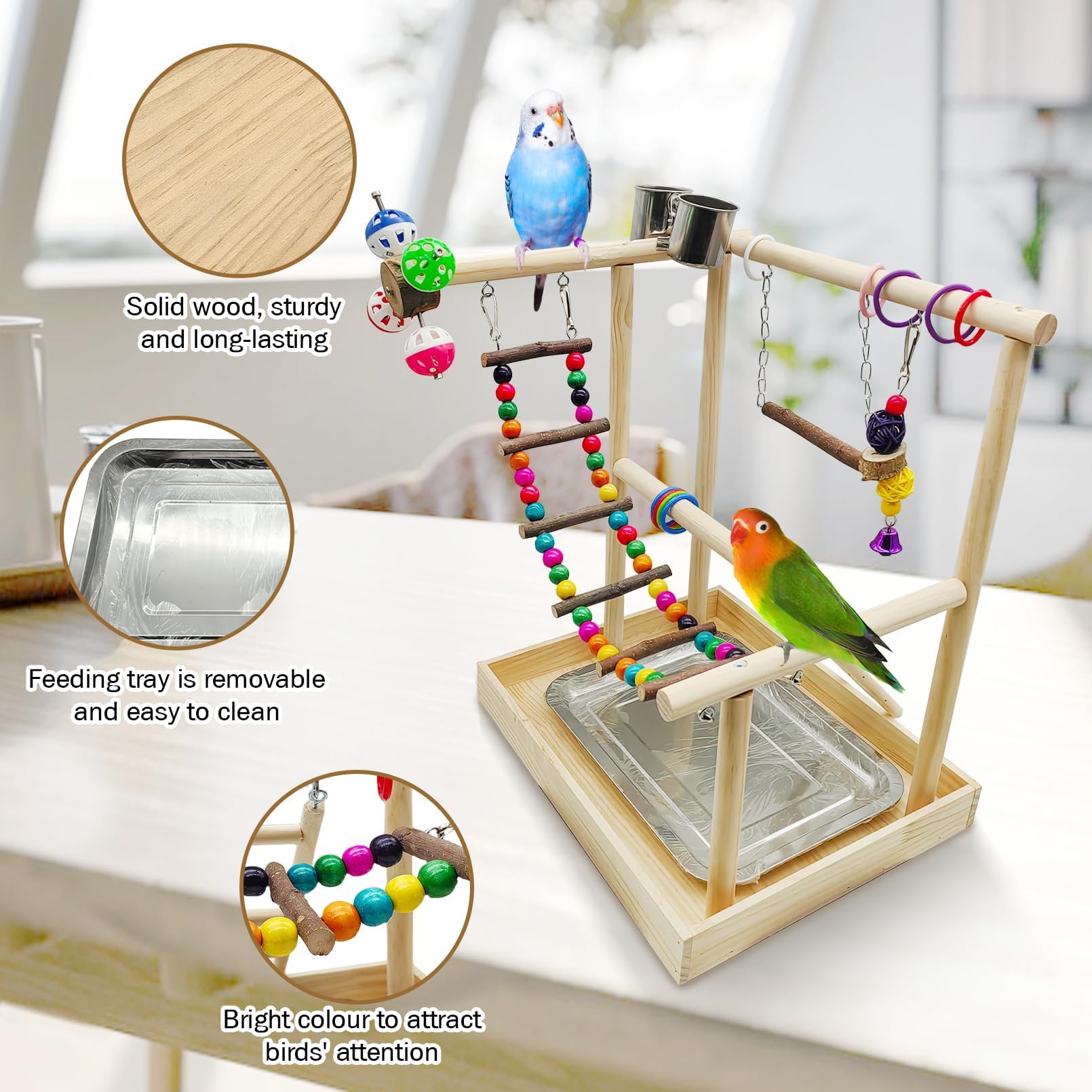 PINVNBY Bird Playground Parrot Playstand Play Gym Cockatiel Wood Bird Toys Birds Cage Accessories Playpen Ladder with Feeder Cups Hanging Swing Toys for Parakeet Conure Lovebird Cockatiel - image 5