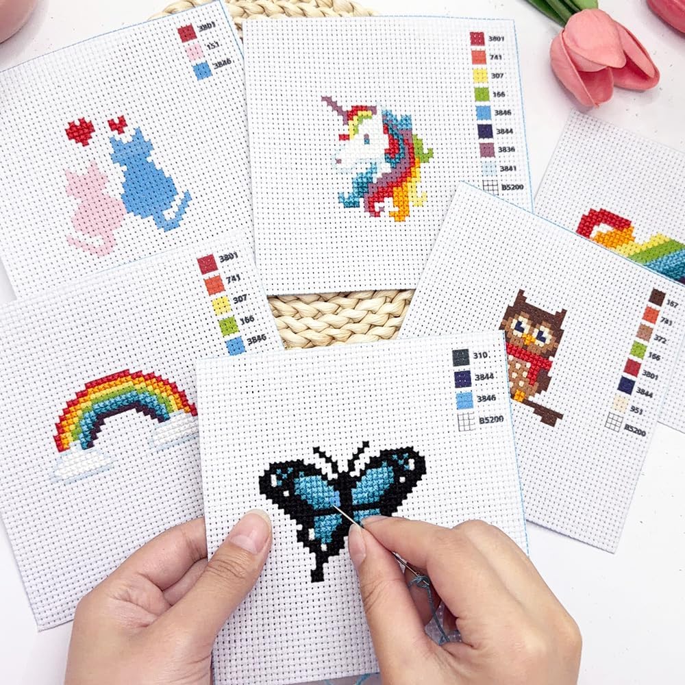 6 Pack Cross Stitch Ornament Kit for Adult Beginners, Pre-Printed Pattern Embroidery Sewing Craft Decorations, Hanging Portable Mini Cross Stitch Decor Set