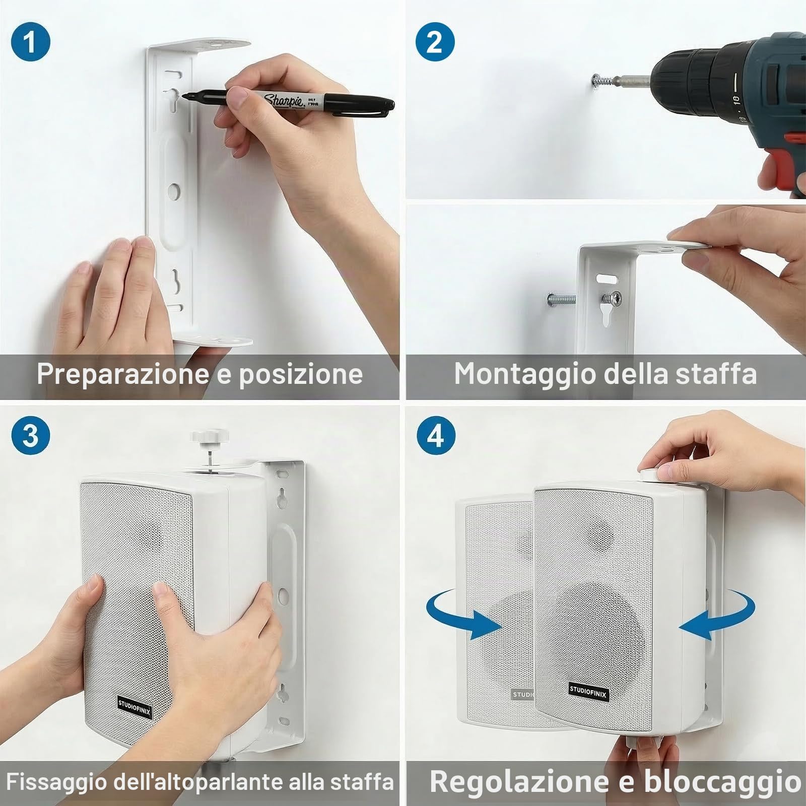 STUDIOFINIX Altoparlanti a parete 5,25" 300W Bluetooth 5.1 Impermeabili, Wireless con sincronizzazione e telecomando IR, interno/esterno, garage e giardino (501BLE, Bianco, Coppia)