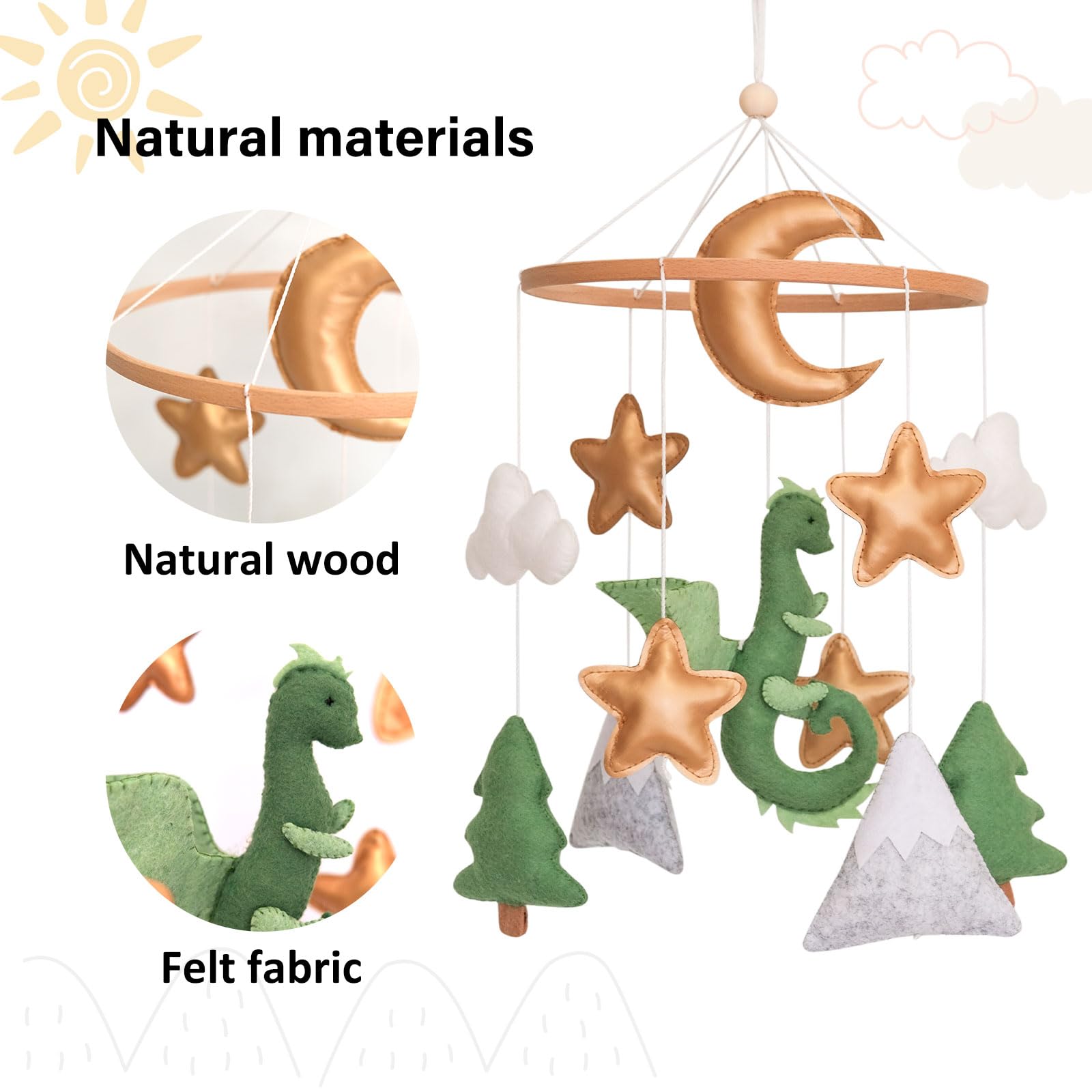 Dragon Baby Mobile, Forest Mobile for Crib, Crib Mobile for Boys and Girls, Nursery Mobile for Bassinet, Pack and Play, Moon, Green Dragon, Cloud, Star, Mountain, Tree