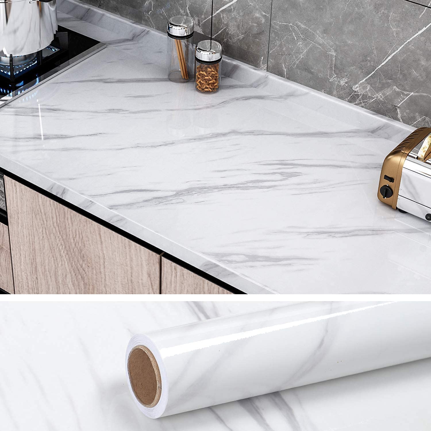 KRIVAZ 60cm X 200cm Kitchen cabinets Marble Wallpaper Oil Proof Waterproof Floor Tiles Stickers Waterproof Wall Paper for Home and Kitchen (Pack of 1) (White)