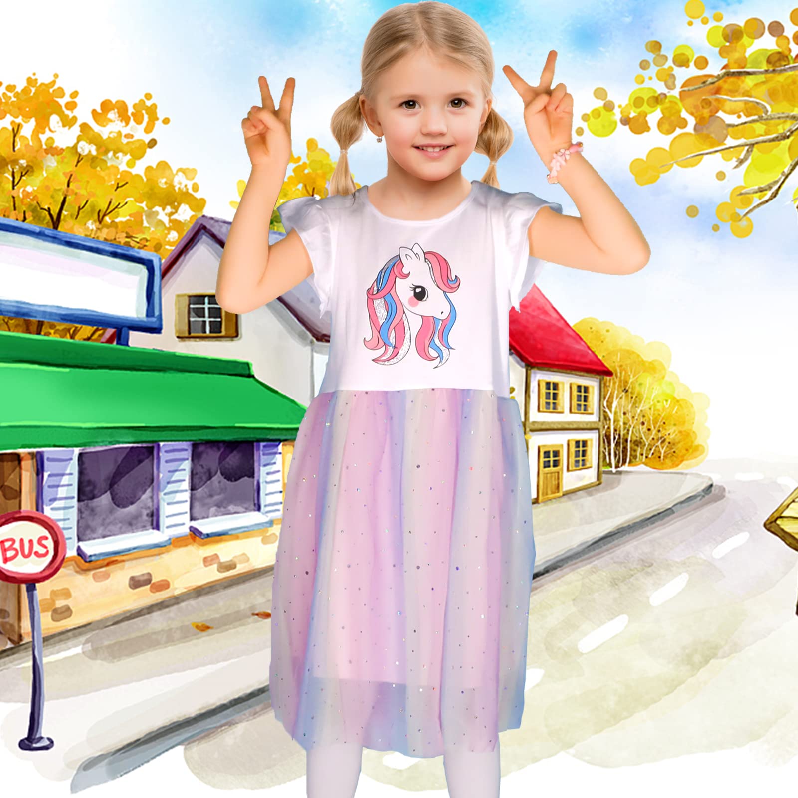 Kleid Mädchen Pailletten Tüll Kleider Baumwolle Sommerkleid Sommer Frühling T-Shirt Tüllkleid Kinderkleid Gr. 92-122