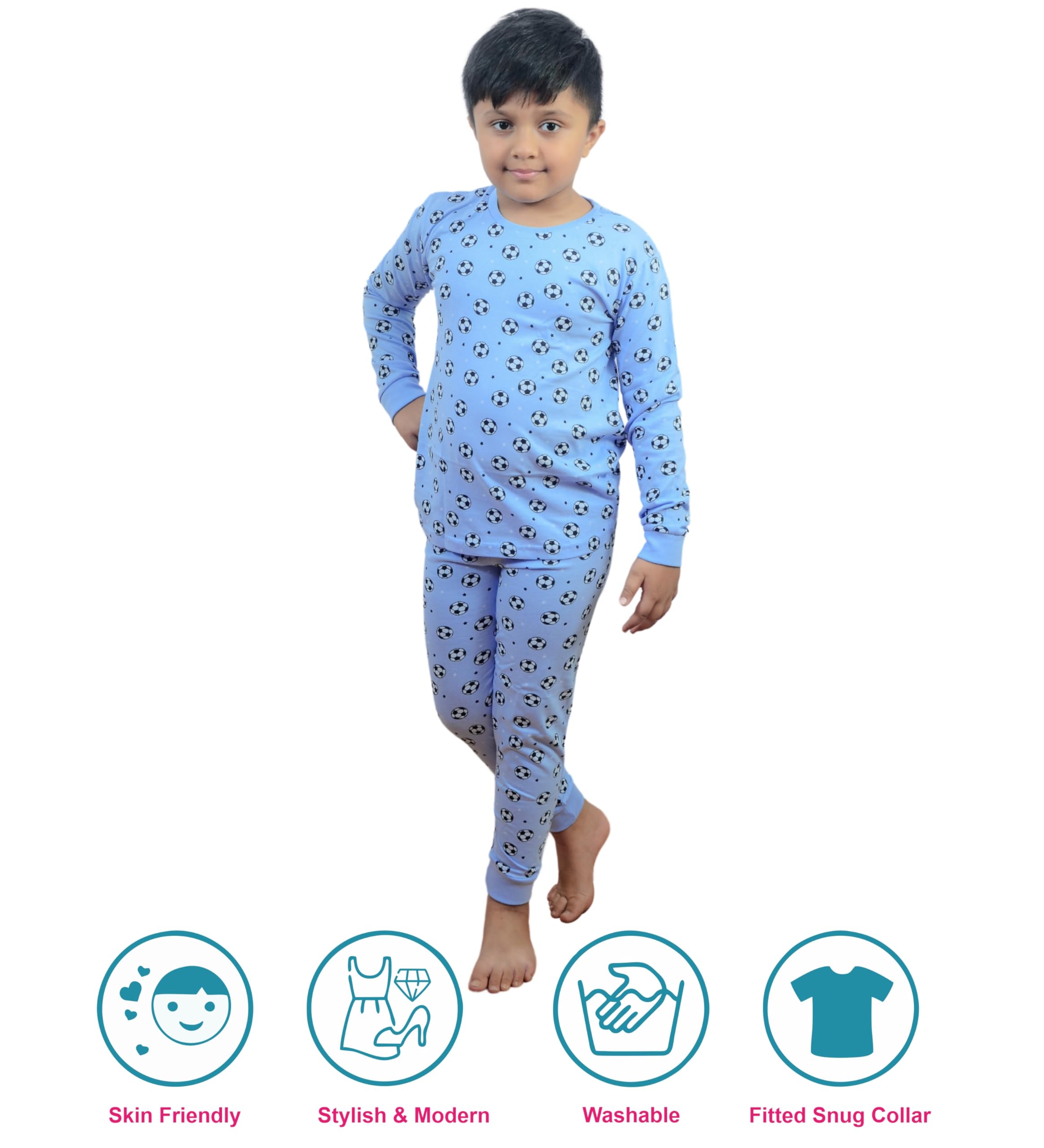 Hestia|H.Nsg.7|Kids Night Suit|Cotton|Night Dress Full Pant Full Sleeves Pajama Set Tshirt|Antirash Fabric|Pyjama Tshirts For Boys|Sleepwear|All Over Football Printed|Blue|4-6Yrs|Set Of 1,4-6 Years - Image 2 thumbnail