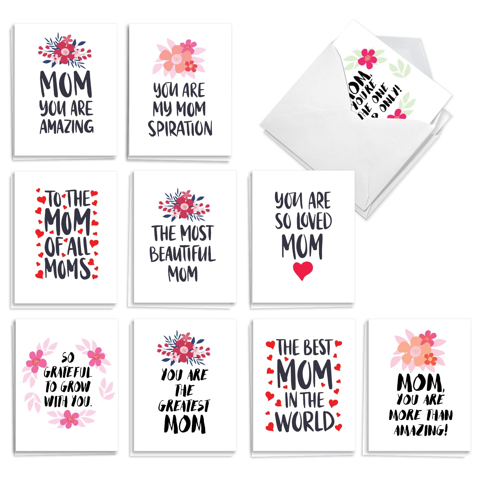 The Best Card Company 20 Assorted Mother's Day Note Cards Box Set 4 x 5.12 Inch with Envelopes (10 Designs, 2 Each) Amazing Mom AM10351MDG-B2x10